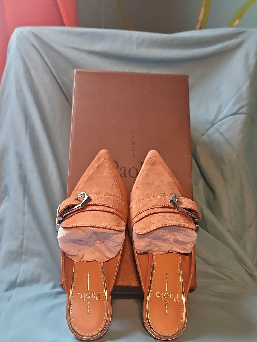Paolo Tan Suede Pointed-Toe Slip-On Mules with Silver Buckle